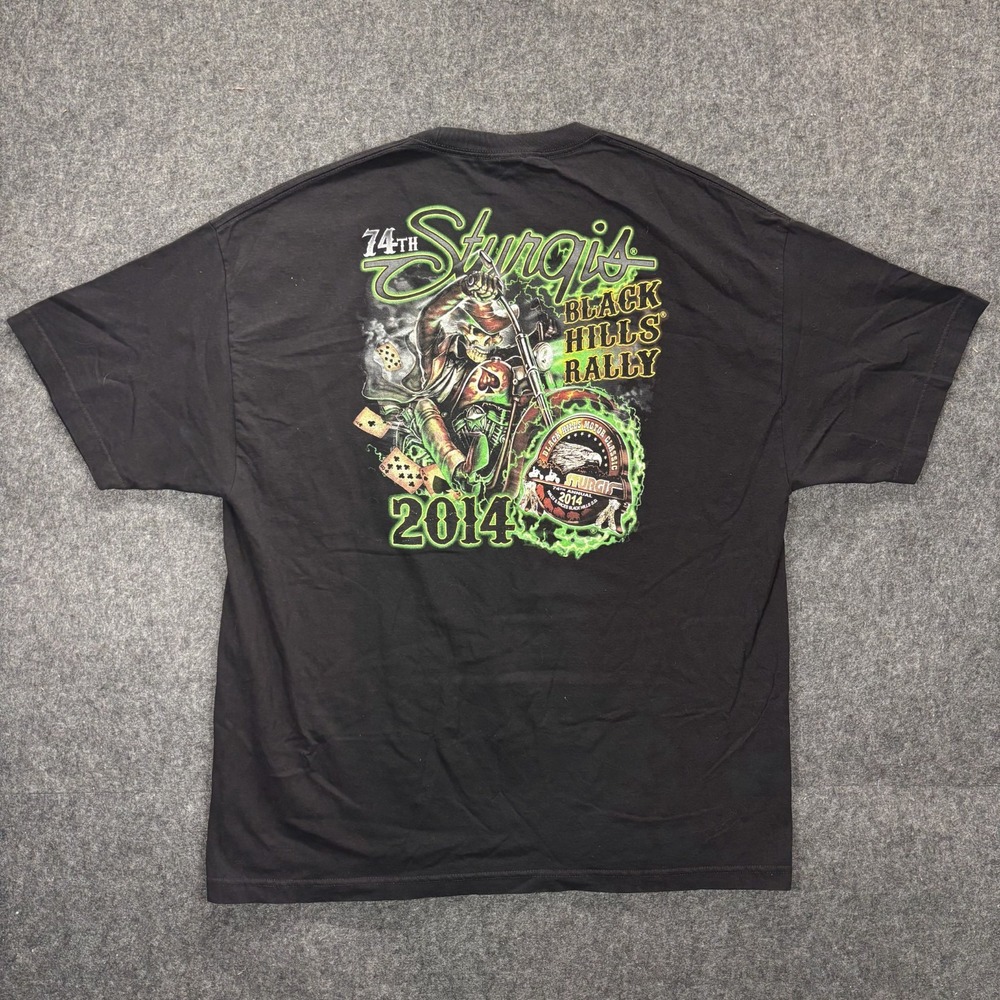 Sturgis Black Hills Rally T-Shirt 2014 Biker Skeleton Flames Black Green Y2K